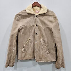 Vintage Jo O Kay Suede Leather Chore Jacket XL Tan Sherpa Cowboy Western Ranch